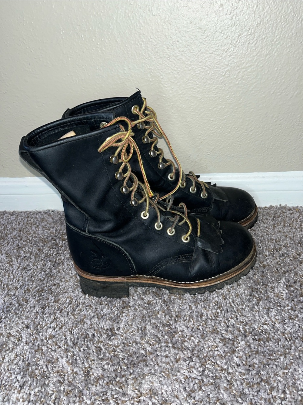 Georgia Boot Black Leather Lace-Up Boots with Tan Laces
